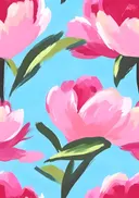 Schilderij van roze pioenrozen op turquoise achtergrond