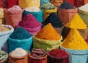 Kleurrijke specerijenpiramides op een marktkraam