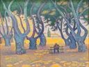 Place des Lices, St. Tropez van Paul Signac: landschap met bomen, plein, bank en pointillisme, in geel paars en groen