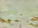 Plage de la comtesse dans la brume2024 CKS 22658 0212 000( ) van Berthe Morisot: zee met strand, zee, mist en boot, in bleek groenblauw