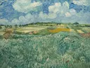 Plain near Auvers van Vincent van Gogh: landschap met korenveld, velden, wolken en vlakte, in groen met blauw
