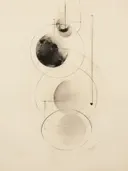 Abstracte astronomische compositie met cirkelvormige planeten verbonden door dunne lijnen op crème