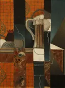 Playing Cards and Glass of Beer (1913) van Juan Gris: stilleven met speelkaarten, bierglas, tafel en kubisme, in warm oranje en grijs