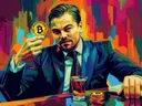 Pop-art schilderij van een man in pak die een gouden bitcoinmunt vasthoudt aan een pokertafel