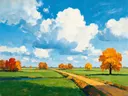 Landschapsschilderij, polder onder een wolkenlucht in gouden herfst