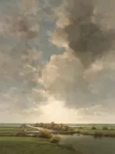 Landschapsschilderij, polder onder een wolkenlucht in vol licht