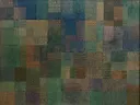 Polyphony van Paul Klee: abstract met raster, kleurvlekken, mozaiek en stippen, in gedempt groen en blauw