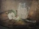 Pomme coupée et pichet ( ) van Berthe Morisot: stilleven met appel, kan, mes en tafel, in gedempt grijsbruin