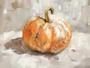 Schilderij van een oranje pompoen op lichte achtergrond
