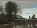 Pond at Ville d'Avray van Jean-Baptiste-Camille Corot: landschap met vijver, bomen, water en weerspiegeling, in gedempt groen en blauw