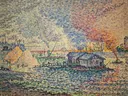 Pont Mirabeau van Paul Signac: landschap met rivier, brug, huis en rook, in oranje en blauw