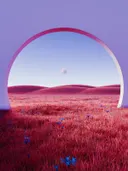 Een ronde poort met uitzicht op de maan boven een magenta gekleurd grasveld.