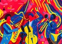 Pop-art illustratie van een jazzband in blauw, geel en rood