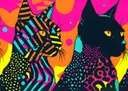Pop-art illustratie van twee katten in neonkleuren met stippen en strepen patronen