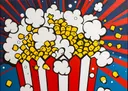 Pop-art schilderij van een rood-witte popcornbak die explodeert tegen een gestreepte achtergrond