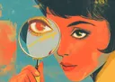 Pop-art illustratie van een vrouw met een vergrootglas voor haar oog
