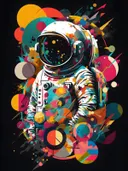 Popart illustratie van een astronaut tussen planeten