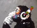 Popart schilderij van denkende aap met koptelefoon