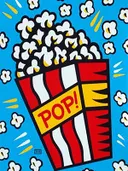 Pop-art illustratie van een popcornzak met rondvliegende popcorn en de tekst Pop
