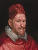 Pope Innocent X van Kring van Diego Velázquez: portret met paus, rode muts, kraag en zittend, in rood met wit