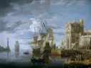 Port by the Sea van Jan Peeters the Elder: zee met schepen, haven, zee en toren, in lichtblauw en grijs