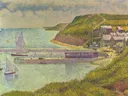 Port-en-Bessin, avant-port, marée haute van Georges Seurat: zee met kust, zeilboten, klif en dorp, in licht blauw en groen