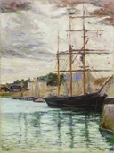 (Port en Bessin, Les Trois mâts à quai).webp van Paul Signac: zee met zeilschip, haven, water en masten, in gedempt grijsgroen