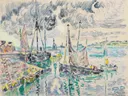 Port Louis 1921 van Paul Signac: zee met haven, vissersboten, masten en water, in turquoise en geel op wit