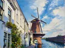 Porto, Cais da Ribeira in avondlicht, schilderij van Porto
