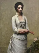 Portrait d'Eva Callimachi-Catargi van Henri Fantin-Latour: portret met vrouw, witte jurk, staand en sjaal, in grijs en wit