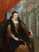 Portrait d'Isabella Brant van Anthony van Dyck: portret met vrouw, rood gordijn, zittend en zwarte jurk, in rood met zwart