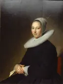Portrait d'une jeune femme assise van Johannes Cornelisz Verspronck: portret met vrouw, witte kraag, kapje en zwarte jurk, in zwart en wit