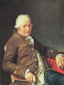 Portrait de Charles-Pierre Pécoul van Jacques-Louis David: portret met man, bruine jas, pruik en zittend, in warm bruin en rood