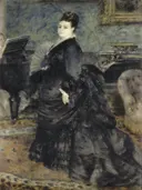 Portrait de femme, dit de Mme Georges Hartmann van Pierre-Auguste Renoir: portret met vrouw, zwarte jurk, kamer en zittend, in donker grijs en zwart
