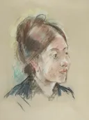 (portrait de mademoiselle labillois101413) van Berthe Morisot: portret met vrouw, hoofd en opgestoken haar, in beige met blauw