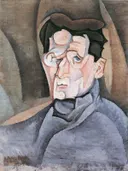 Portrait Maurice Raynal van Juan Gris: portret met man, kubisme, gezicht en vlakken, in gedempt grijsblauw