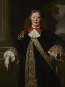 Portrait of a Burgomaster van Bartholomeus van der Helst: portret met man, kant, zwarte mantel en zuil, in donker met wit en goud
