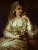 Portrait of a lady as Vestal Virgin van Angelica Kauffmann: portret met vrouw, sluier, witte jurk en vuurschaal, in crème wit met bruin
