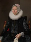 Portrait of a Lady van Frans Hals: portret met vrouw, kraag, kap en zittend, in donker met wit