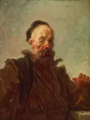 Portrait of a Man in Costume van Jean-Honore Fragonard: portret met man, kostuum, kraag en losse toets, in roodbruin