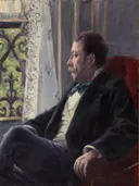 Portrait of a Man van Gustave Caillebotte: portret met man, zittend, raam en rode stoel, in donkerblauw en rood