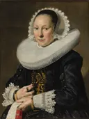 Portrait of a Woman, probably Aeltje Dircksdr. Pater van Frans Hals: portret met vrouw, kraag, kap en kant, in donker met wit