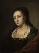 Portrait of a woman van Ferdinand Bol: portret met vrouw, donkere jurk, kraag en haar, in donker bruin