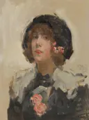Portrait of a Woman van Isaac Israels: portret met vrouw, hoed, rozen en kraag, in grijs en roze