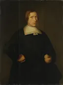 Portrait of a Young Man with a Lemon van Bartholomeus van der Helst: portret met jonge man, citroen, donker en kraag, in donker bruin