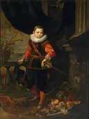 Portrait of a youth van Jan Roos: portret met jongen, kraag, gordijn en zwaard, in donkerbruin en rood