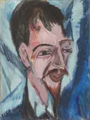 Portrait of Alfred Döblin van Ernst Ludwig Kirchner: portret met man, snor, gezicht en kraag, in blauw en okergeel