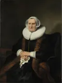 Portrait of an Old Lady, possibly Elisabeth Jacobsdr Bas (1571 1649), Widow of Jochem Hendricksz Swartenhont van Ferdinand Bol: portret met oude vrouw, molensteenkraag, zwart en zittend, in donker met wit