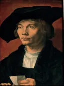 Portrait of Bernhart von Reesen van Albrecht Durer: portret met man, baret, brief en jong, in rood met zwart