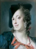 Portrait of Caterina Sagredo Barbarigo van Rosalba Carriera: portret met vrouw, parels, strik en blauwe jurk, in turquoise en roze
